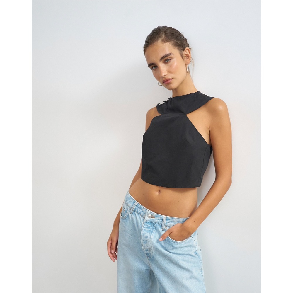 Topshop 90s Cutaway Top Black Cotton Open Back Crossover Crop Tank US 10 NWT